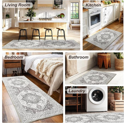 XWZO Entryway Area Rug 2x3ft — Soft Vintage Low Pile Non-Slip Backing Door Floor Mat for Bedroom Bathroom Kitchen Laundry, Spill Resistant Washable Small Indoor Carpet for Doorway & Entrance, Grey