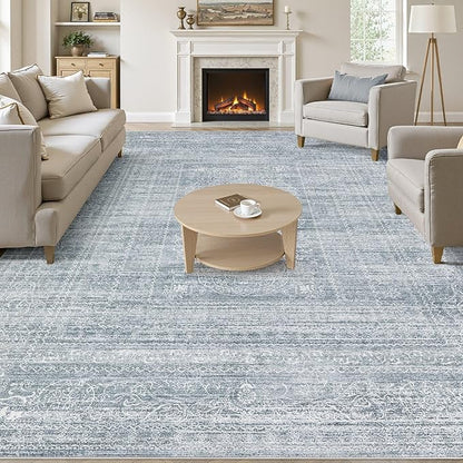 5x7 Area Rugs Living Room: Washable Large Vintage Blue Rug Neutral Non-Slip Soft Stain Resistant Indoor Carpet for Bedroom Nursery Dining Room Under Table Bed Home House Office Playroom