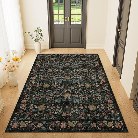 DUKINO 3x5 Area Rug, Vintage Floral Washable Rug for Bedroom with Non Slip Design, Soft Low Pile Indoor Small Carpet for Bedroom, Farmhouse, Living Room, Office, Bathroom, Black