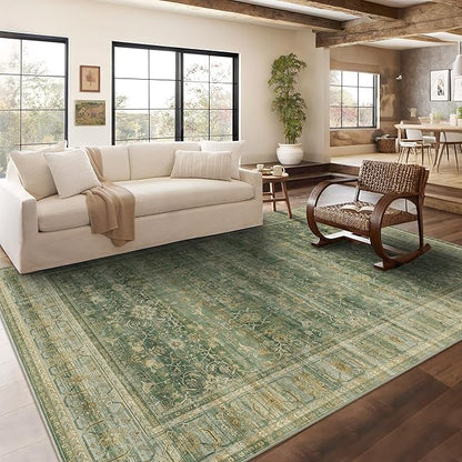 HelloTree Washable Rugs 8x10 Area Rug for Living Room, Vintage Boho Green Rug Non Slip Carpet Retro Accent Indoor Mat Print Distressed Low Pile Throw Large Rug for Office Dining Room Bedside-Green