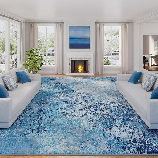 Arbosofe Modern Abstract Rug for Living Room, 6'x9' Washable Area Rug with Non-Slip Backing & Short Pile, Large Carpet with Abstract Pattern for Living Room Bedroom and Dining Floor Carpet Blue
