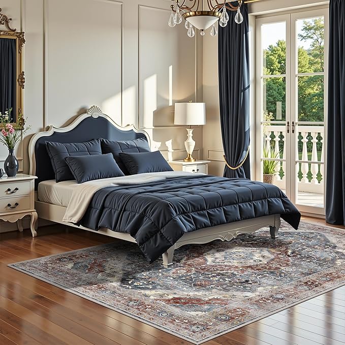 Deerly Boho Area Rug 4x6 Bedroom Rugs Ultra Soft Indoor Washable Rugs for Living Room Bedroom Laundry Room Decor, Low Pile Non-Slip Backing(Border Brown/Navy Blue)