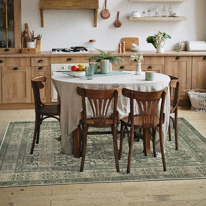Vintage Washable Area Rug for Living Room,Low Pile 9x12 Non Slip Carpet Non-Shedding Area Rug Soft Indoor Stain Resistant Rug Floral Print Mat for Bedroom Dining Room Green