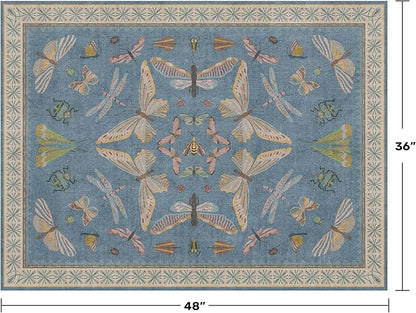 Washable Blue Rugs for Bedroom Bedside - 3x4 Area Rug for Large Kitchen, Entrance Indoor, Boho Insect Print Bug Décor, Non Slip Low Pile Fade Resistant