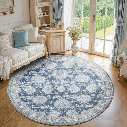 jinchan Fiora Round Rug 7ft Area Rug - Dark Blue Vintage Floor Mat Indoor Ultra-Thin Soft Floral Print - Washable Circle 7' Retro Accent for Farmhouse Non Slip Dining Room Living Room Bedroom Office