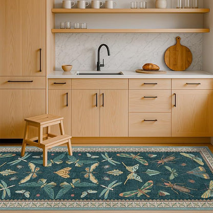 Brown and Green Kitchen Sink Runner Rug 2x5 - Teal Boho Bathroom Rugs for Entrance Indoor, Insect Print Floral Vintage Unique, Washable Non Skid Stain Resistant