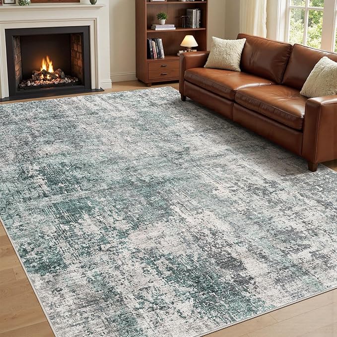 9x12 Area Rug Living Room Rugs - Washable Neutral Modern Abstract Soft Thin Large Rug Indoor Floor No Slip Rug Carpet for Bedroom Under Dining Table Home Office Decor - Green/Grey
