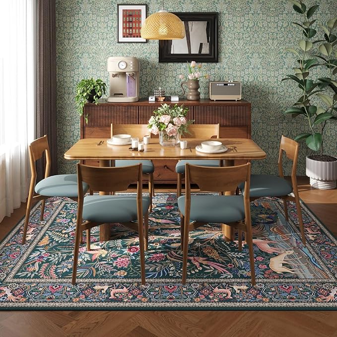 Rugcomf Area Rugs 9x12 Living Room Vibrant Tree of Life-Patterned Vintage Washable Rug Non Slip Low Pile Large Rug for Bedroom Farmhouse Dining Room Kids Playroom, Green