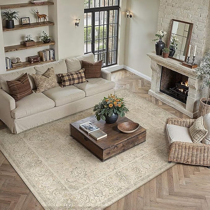 HUGEAR 9x12 Machine Washable Area Rugs Vintage Beige - Neutral Living Room Bedroom Rug Non Slip Stain Resistant Low Pile Aesthetic Throw Carpet Kids & Pet Friendly