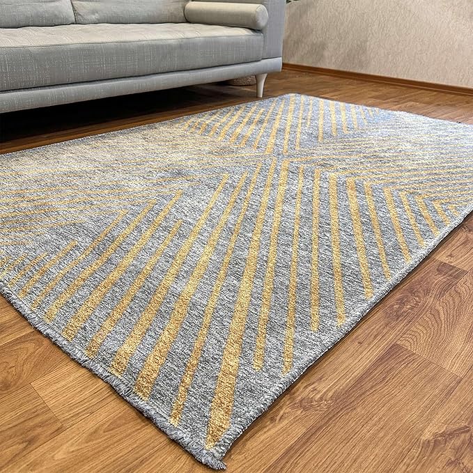 Alfa Rich 3x5 Geometric Gray Gold Washable Area Rugs for Living Room Bedroom Kitchen Cotton Runner