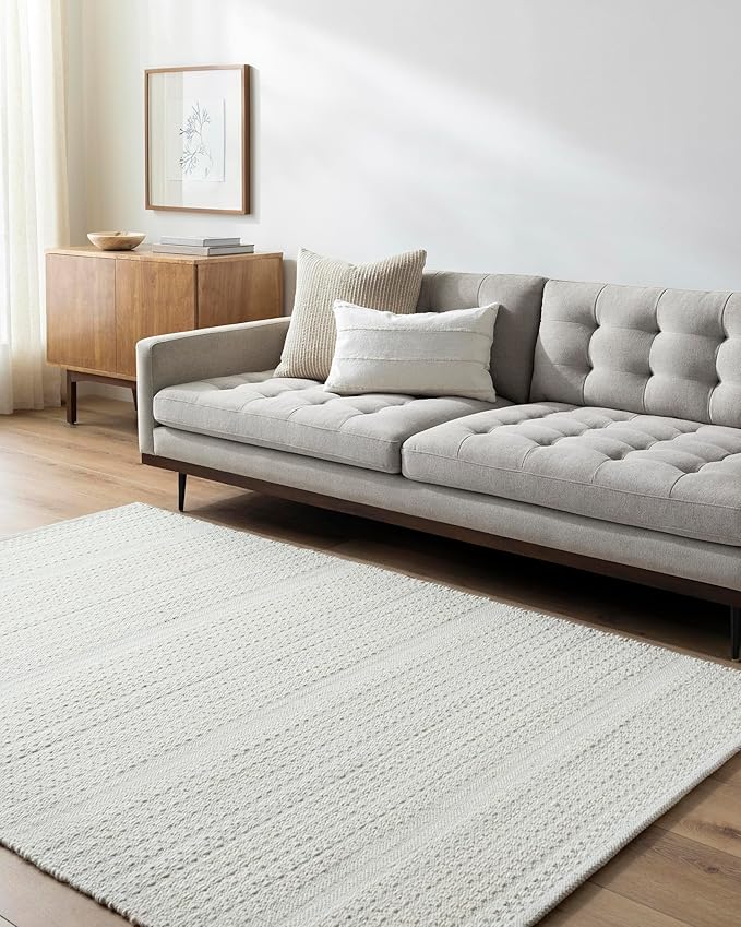 Mark&Day Wool Rugs, 5x8 Precious Solid and Border Cream/Light Slate Area Rug, Cream Grey Carpet for Living Room, Bedroom or Kitchen (5' x 7'6")
