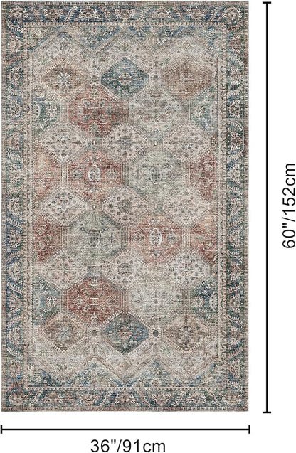 Bavni 3x5 Area Rugs for Living Room, Machine Washable Rug Non Slip, Vintage Chenille Distressed Print Carpet, Large Low Pile Ultra-Thin Lightweight Rugs for Bedroom, Dining Room, Home, Office, Red