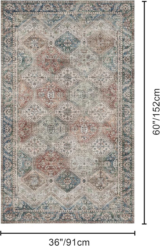 Bavni 3x5 Area Rugs for Living Room, Machine Washable Rug Non Slip, Vintage Chenille Distressed Print Carpet, Large Low Pile Ultra-Thin Lightweight Rugs for Bedroom, Dining Room, Home, Office, Red