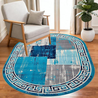 Distressed Blue Grey Greek Key Pattern Indoor Area Rug 4x6 for Living Room Bedroom Dining Room Faux Wool Anti Slip Floor Mats Nursery Entryway Minimalist Geometric Texture Bordered Rugs Retro Carpet