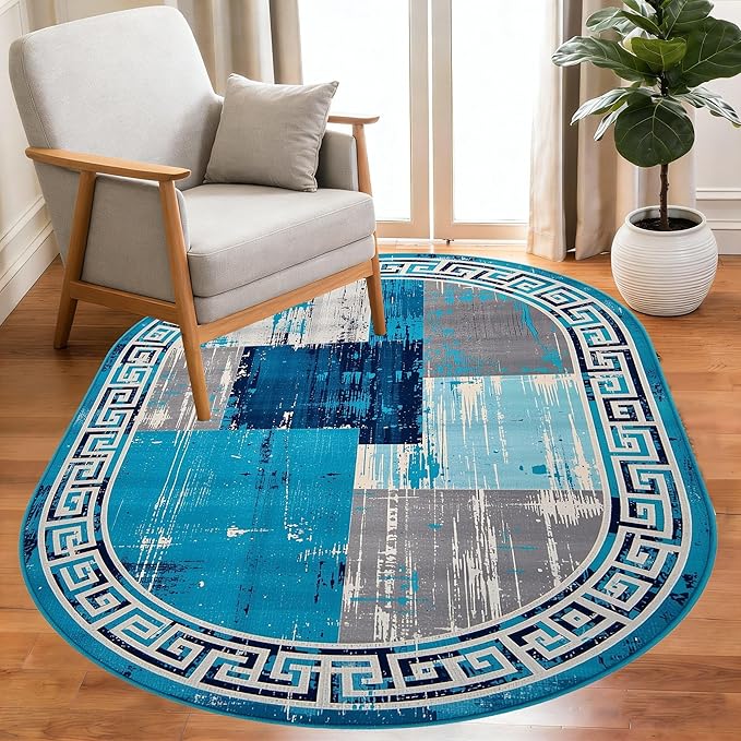 Distressed Blue Grey Greek Key Pattern Indoor Area Rug 7x9 for Living Room Bedroom Dining Room Faux Wool Anti Slip Floor Mats Nursery Entryway Minimalist Geometric Texture Bordered Rugs Retro Carpet