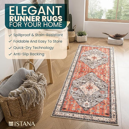 Istana Hallway Runner Rug 2.5x8 – Red/Teal Entryway Rug -Silk's Soft Touch Runners for Hallways - Stylish Kitchen Runner Rug Non Slip