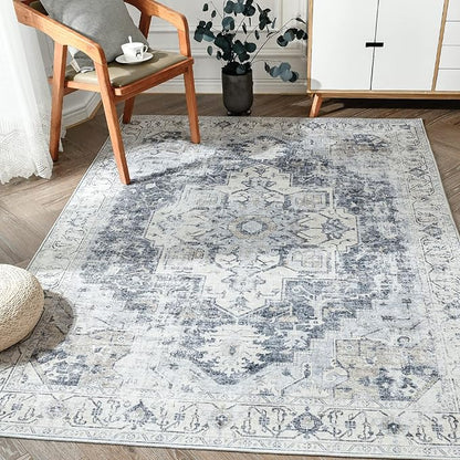 jinchan Kelda Area Rug 5x7 Washable Bedroom Rug Vintage Indoor Floor Cover Distressed Lightweight Non-Slip Low Pile Thin Mat Accent Stain Resistant Carpet for Living Room Dining Room Office Grey
