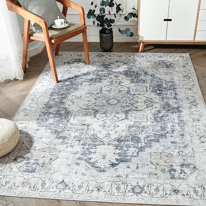 jinchan Kelda Area Rug 4x6 Washable Bedroom Rug Vintage Indoor Floor Cover Distressed Lightweight Non-Slip Low Pile Thin Mat Accent Stain Resistant Carpet for Living Room Dining Room Office Grey
