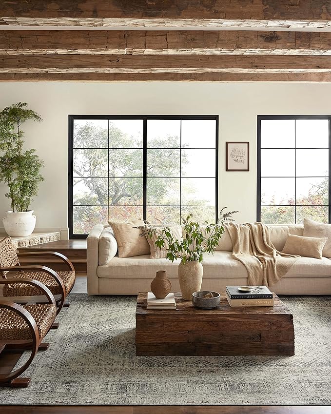 Loloi Magnolia Home by Joanna Gaines Sinclair Collection SIN-04 Natural/Sage 5'-0" x 7'-0", .25" Pile Height, Machine Washable, Area Rug