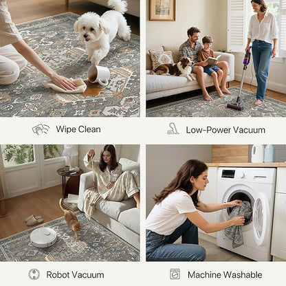 Bavni 3x5 Area Rug for Living Room Bedroom, Washable Boho Print Vintage Aesthetic Rug, Ultra-Thin Low Pile Rugs for Entryway Playroom with Non Slip Backing, Grey