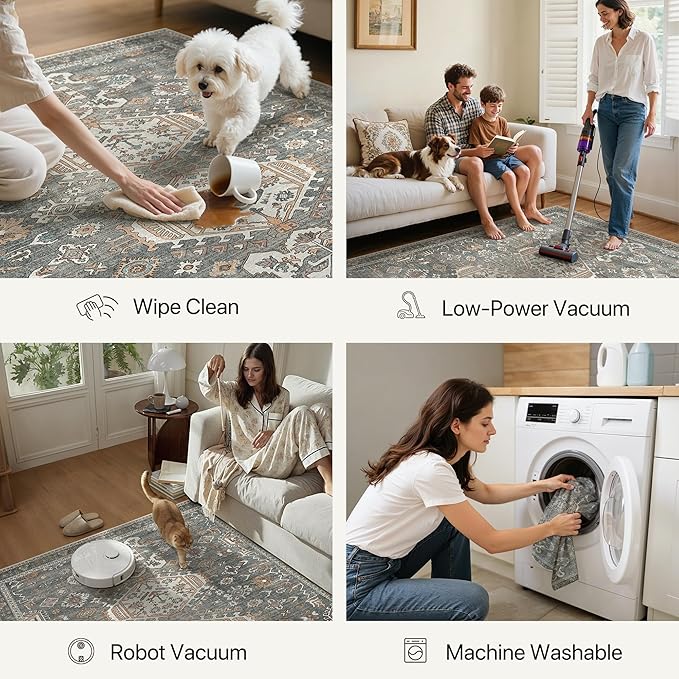 Bavni Washable Runners for Hallways 2X10, Ultra-Thin Non Slip Long Runner Rug, Print Vintage Aesthetic Carpet Runner, Low Pile Rugs for Kitchen Porch Bedroom, Grey