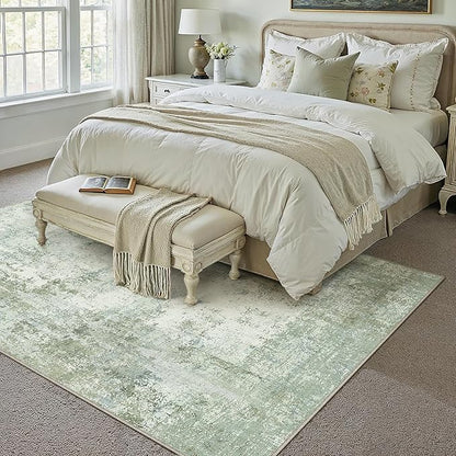 9x12 Washable Area Rug Sage Green Abstract Living Room Bedroom Carpet Neutral Modern Non-Slip Soft Low Pile Lightweight Vacuumable Large Throw Rug for Dining Room