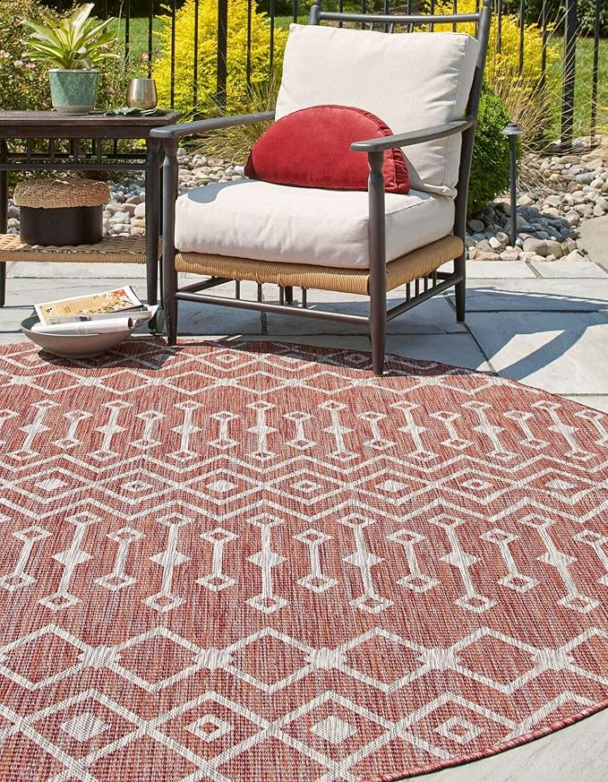 Unique Loom Outdoor Trellis Collection Area Rug - Tribal Trellis (13' Round, Rust Red/ Ivory)