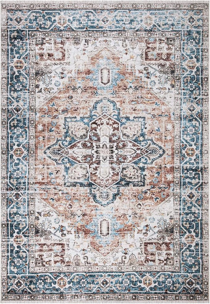 Bloom Rugs Caria Washable Non-Slip 3x5 Rug - Terracotta/Blue Traditional Area Rug for Living Room, Bedroom, Dining Room, and Kitchen - Exact Size: 3' x 5'