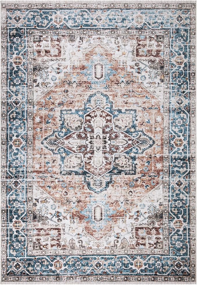 Bloom Rugs Washable Non-Slip 10x14 Rug - Terracotta/Blue Traditional Oriental Area Rug for Living Room, Bedroom, Dining Room, and Kitchen - Exact Size: 10' x 14'