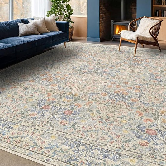 Vintage Washable Beige Blue 10x14 Rug for Living Room - Extra Large Area Rug for Dining Room Under Table, Bedroom - Botanical Floral Design with Purple Red Accent, Non-Slip Lightweight Soft Low Pile