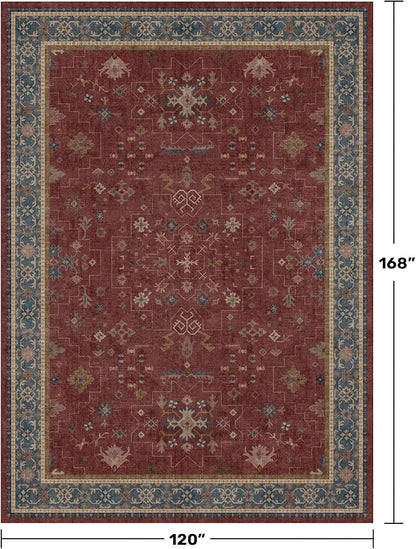 Moroccan Big Rugs for Living Room - Dark Red 10x14 Area Rug for Large Bedroom, Dining Room, Washable Lightweight Low Pile Foldable Oriental Burgendy Home Décor