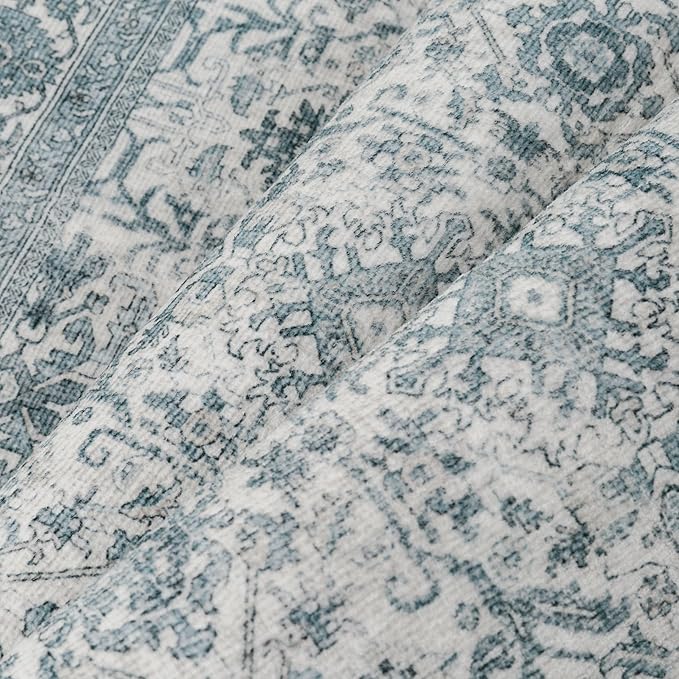 Area Rug 5x7 Blue Washable Living Room Carpet Soft Non Slip Vintage Bedroom Indoor Office Traditional Retro Distressed Thicker Throw Large Rug for Dining Room Bathroom Kitchen