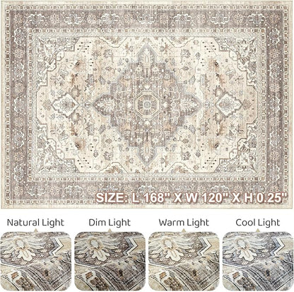10x14Ft Area Rugs Living Room: Washable Boho Large Neutral Vintage Soft Rug Stain Resistant Farmhouse Non Slip Indoor Floor Carpet for Bedroom Nursery Kids Playroom Office Dining Room- Beige Brown