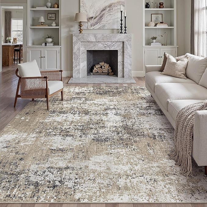 6x9 Abstract Area Rug Brown Washable Modern Neutral Living Room Carpet Non Slip Ultra Soft Low Pile Contemporary Bedroom Large Rug Indoor Office Dining Room Under Table Playroom