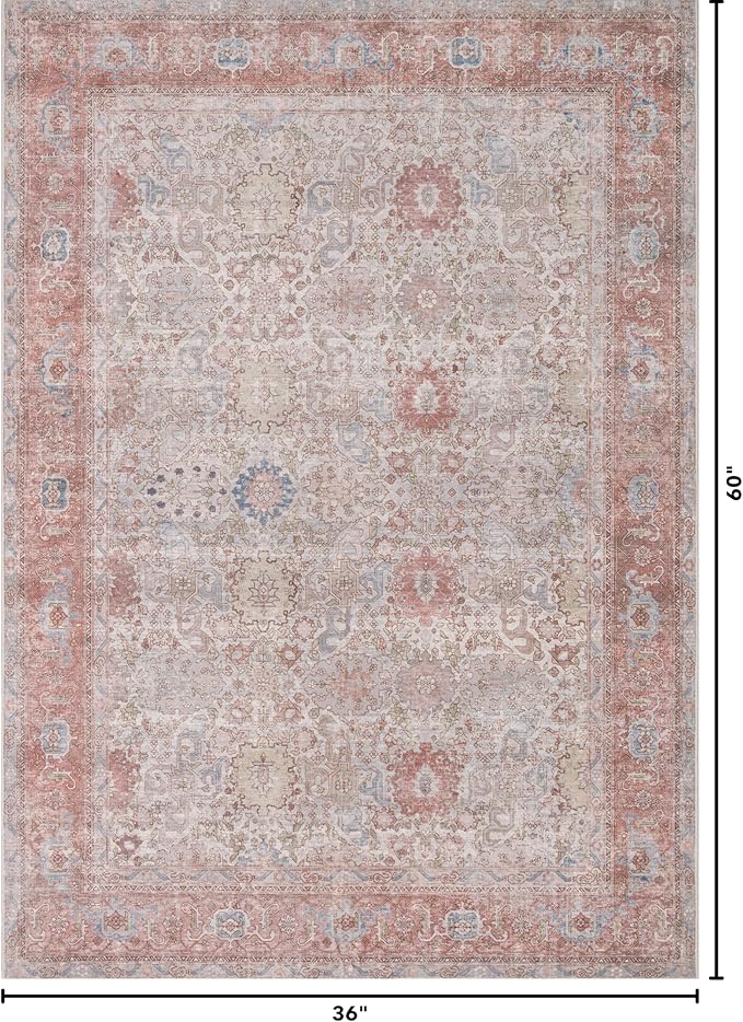 Kuden 3x5 Small Rug, Machine Washable, Non-Slip Backing, Vintage Style, Soft, Low Pile, Area Rugs for Entryway Kitchen Indoor Entrance