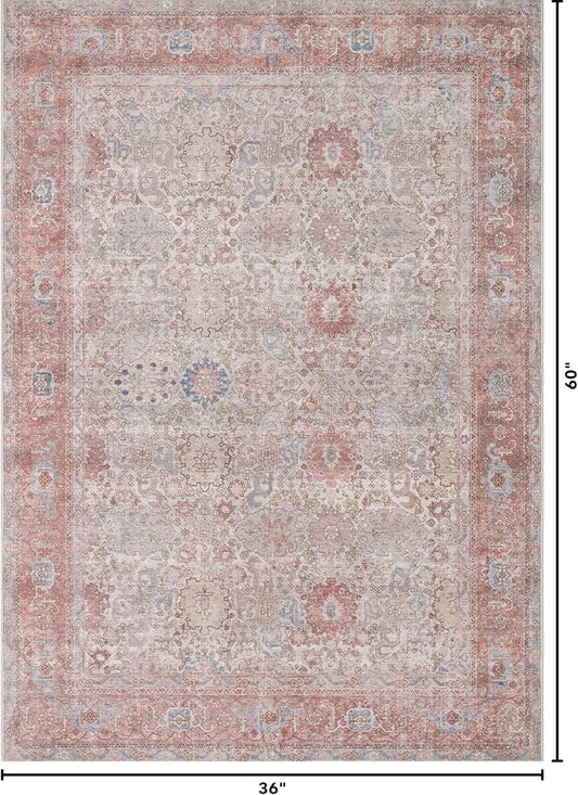 Kuden 3x5 Small Rug, Machine Washable, Non-Slip Backing, Vintage Style, Soft, Low Pile, Area Rugs for Entryway Kitchen Indoor Entrance