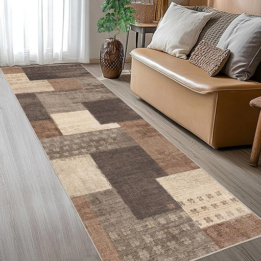Modern Geometric Patchwork Indoor Runner Rug for Living Room, Beige 2'x 6' Large Rug Rockwood Collection Hardwood Floors Decor for Bedroom, Beige Throw Carpet for Office Entryway Dining Room