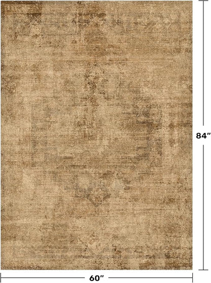Brown and Gold Rugs for Living Room 5x7 Rug - Abstract Grey Office Rug for Fireplace, Home Office, Bedroom, Washable Non Slip Soft, Medallion Indoor Décor