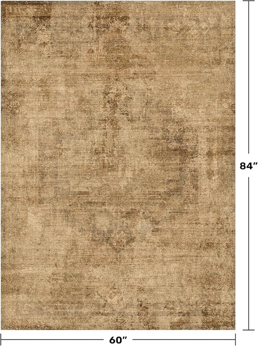 Brown and Gold Rugs for Living Room 5x7 Rug - Abstract Grey Office Rug for Fireplace, Home Office, Bedroom, Washable Non Slip Soft, Medallion Indoor Décor