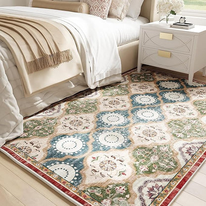 EnHomee Area Rugs 3x5, Soft Washable Rugs for Living Room Bedroom, Boho Non Slip Low Pile Stain Resistant Washable Rug Large Carpet for Dining Room,Easy to Clean Living Room Rug, Red & Green