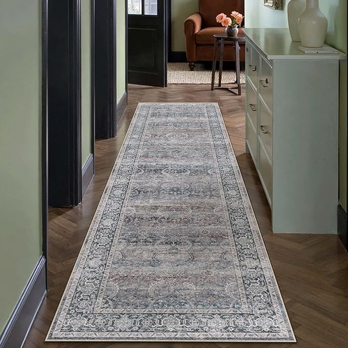 HUGEAR 2x8 Runner Rug Non Slip Washable Area Rug Purple Vintage Neutral Distressed Carpet Soft Low Pile Pet Friendly for Bedroom Kitchen Hallway Porch Foyer