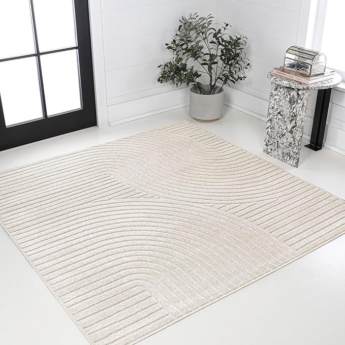 JONATHAN Y Hallie High-Low Curve Ivory/Cream 8x8 Square Indoor/Outdoor Area Rug, Minimalist, Pet Friendly, Non-Shedding, Stain Resistant, Hose-Washable for Backyard, Patio, Porch (SCN100B-8SQ)