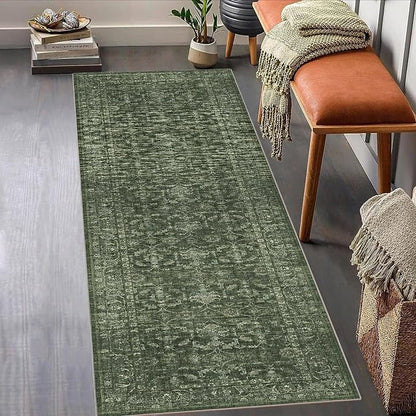 Washable Area Rug 2x6 Green Runner Rugs for Living Room, Vintage Boho Hallway Large Rug for Bedroom Dining Room Office, Distressed Floral Carpet for Under Table, Soft Non Slip Low Pile Throw Carpet