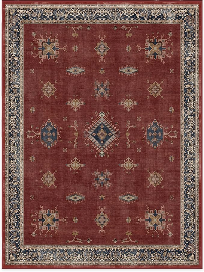 RUGGABLE Washable Vintage Area Rug – Verena Amber Red 9x12, Stain-Resistant, Non-Slip – Large Machine Washable Rugs for Living Room, Bedroom, Hallway, Entryway & Office–with Cushioned Pad