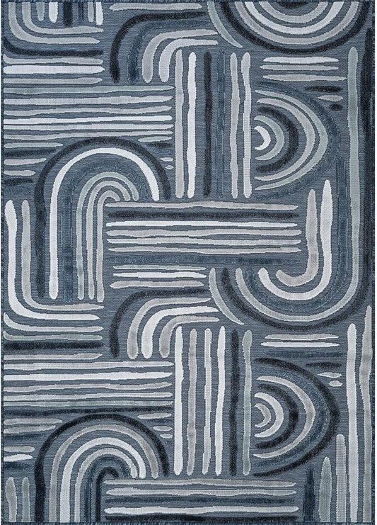 CAMILSON Indoor Outdoor Rug, Navy Blue 10x14 Geometric Arch Striped Large Area Rugs for Patio and Home Areas, Easy-Cleaning Non-Shedding Living Room, Garden and Deck Washable Outside Carpet 10 x 14