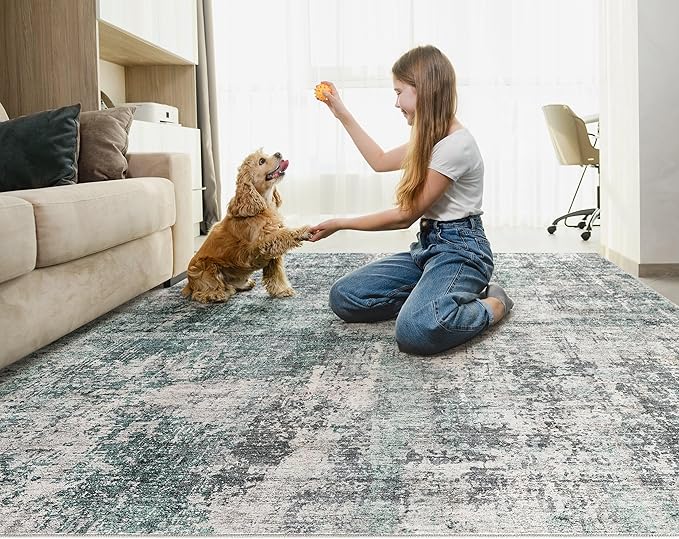 6x9 Area Rug Living Room Rugs - Washable Neutral Modern Abstract Soft Thin Large Rug Indoor Floor No Slip Rug Carpet for Bedroom Under Dining Table Home Office Decor - Green/Grey