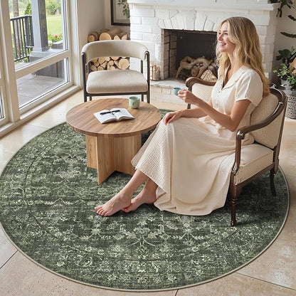 6ft Round Washable Area Rugs for Living Room, Vintage Boho Large Rug for Bedroom Dining Room Office, Distressed Floral Print Carpet for Under Table, Soft Non Slip Low Pile Throw Indoor Mat, Green