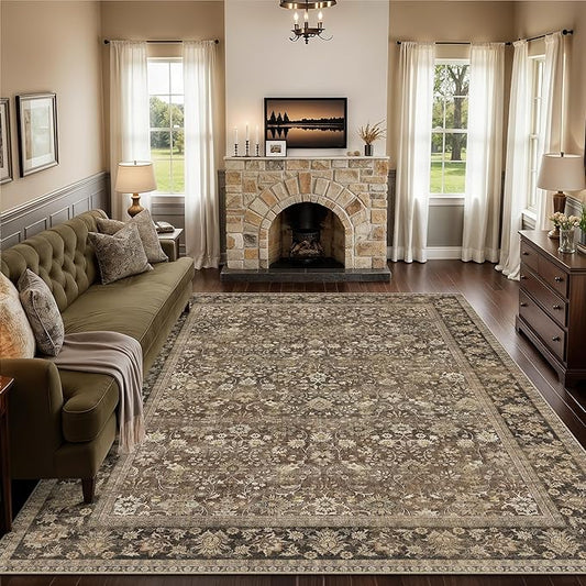 HUGEAR 6x9 Machine Washable Rugs Brown Hallway Large Area Rug Indoor Accent Rug Floral Mid Pile Carpet Soft Thicker Throw Aesthetic Rug Bedroom Living Room Office Dining Kitchen Laundry