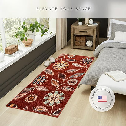 Maples Rugs Reggie Floral Runner Rug - Made in USA - Washable, Non Slip Indoor Carpet for Kitchen, Hallway, and Laundry Room, 2'6" x 8', Merlot
