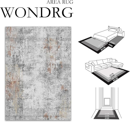 10x12 Washable Area Rug Grey Rust Abstract Living Room Bedroom Carpet Neutral Modern Non-Slip Soft Low Pile Lightweight Vacuumable Large Throw Rug for Dining Room